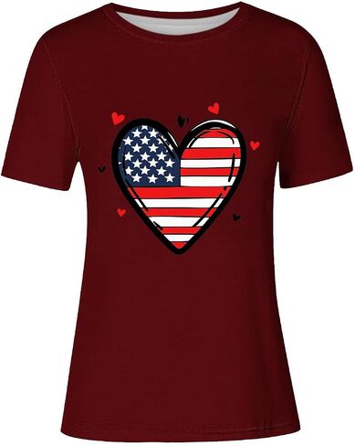 4th of July Shirts for Women Short Sleeve Patriotic Tops Heart American Flag USA Star Stripes Red White Blue Tee in Saudi Arabia