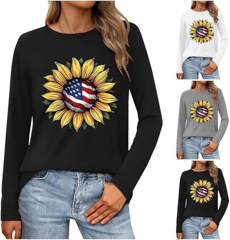 Womens Long Sleeve T Shirts Patriotic Cotton USA Flag 4Th July American Red White Blue Star Stripes 4 Day T-Shirts in Saudi Arabia