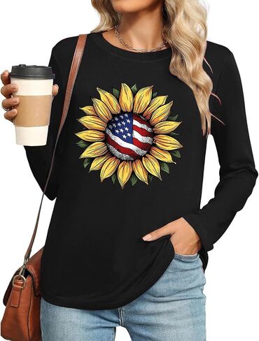Womens Long Sleeve T Shirts Patriotic Cotton USA Flag 4Th July American Red White Blue Star Stripes 4 Day T-Shirts in Saudi Arabia