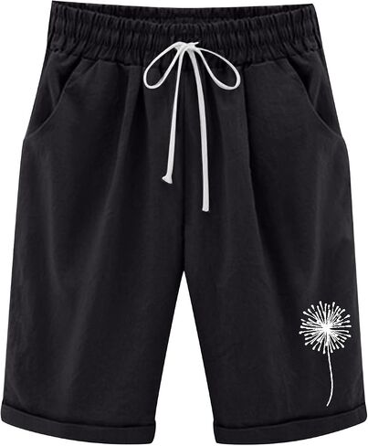 QWENTMTNTY Womens Cotton Linen Bermuda Shorts Elastic Waist Casual Summer Plus Size Shorts with Pockets Workout Beach Shorts in Saudi Arabia