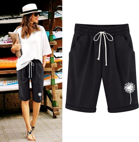QWENTMTNTY Womens Cotton Linen Bermuda Shorts Elastic Waist Casual Summer Plus Size Shorts with Pockets Workout Beach Shorts in Saudi Arabia
