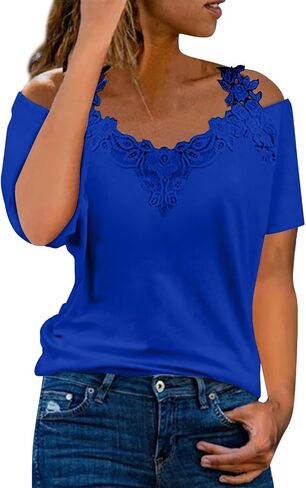 Lace Crochet Cold Shoulder Tops for Women 2025 Trendy Summer Short Sleeve Tunic Shirts Casual Loose Strappy Blouse in Kuwait