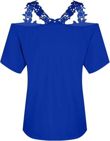 Lace Crochet Cold Shoulder Tops for Women 2025 Trendy Summer Short Sleeve Tunic Shirts Casual Loose Strappy Blouse in Kuwait