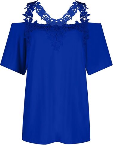 Lace Crochet Cold Shoulder Tops for Women 2025 Trendy Summer Short Sleeve Tunic Shirts Casual Loose Strappy Blouse in Kuwait