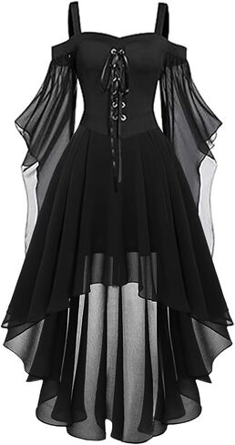 Women Halloween Steampunk Dress Casual Plus Size Cold Shoulder Dress Solid Chiffon Butterfly Sleeve Gothic Dresses in Saudi Arabia