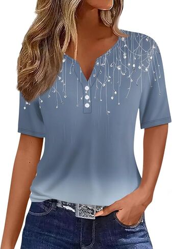 Tops for Women Trendy Henley V Neck Pullover Printed Vacation Tops Button Down Comfy Tees Trendy Tunics T Shirt in Kuwait