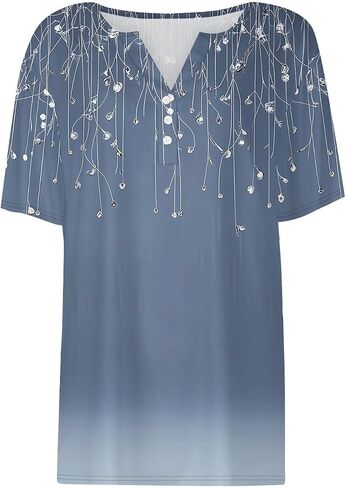 Tops for Women Trendy Henley V Neck Pullover Printed Vacation Tops Button Down Comfy Tees Trendy Tunics T Shirt in Kuwait