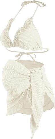 Women's Maternity Swimsuits 3 Pieces Textured Ruffle Trim Halter Bikini Set with Beach Skirt Pregnancy Bathing Suits in Saudi Arabia