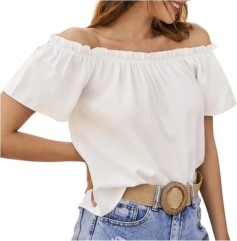 Women's Off Shoulder Ruffle Trim Shirt Short Sleeve Blouse Party Tops Shirt Casual Loose Fit Summer Tops in Kuwait