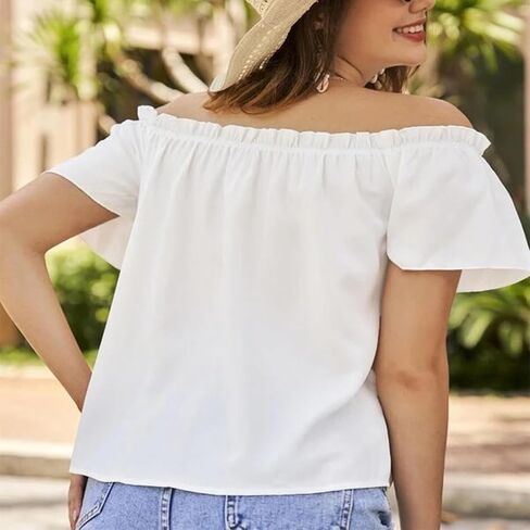 Women's Off Shoulder Ruffle Trim Shirt Short Sleeve Blouse Party Tops Shirt Casual Loose Fit Summer Tops in Kuwait