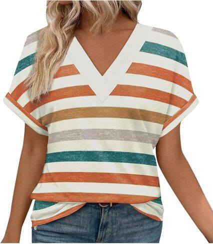 Womens Summer Tops Short Dolman Sleeve Shirts 2025 Fashion V Neck Outfits Clothes Fashion Stripes Print Blouse in Saudi Arabia
