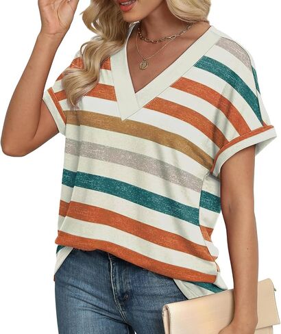 Womens Summer Tops Short Dolman Sleeve Shirts 2025 Fashion V Neck Outfits Clothes Fashion Stripes Print Blouse in Saudi Arabia
