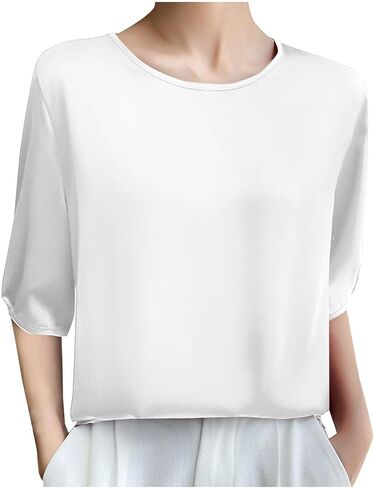 Silk Blouse for Women, Short Sleeve Silk Tops Satin Blouse Solid Tops French Collar Style Elegant Shirts in Kuwait