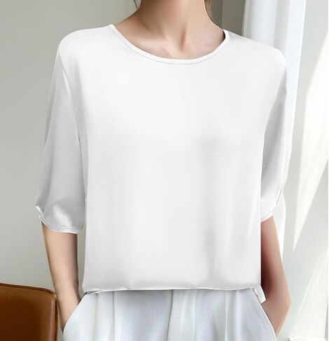 Silk Blouse for Women, Short Sleeve Silk Tops Satin Blouse Solid Tops French Collar Style Elegant Shirts in Kuwait