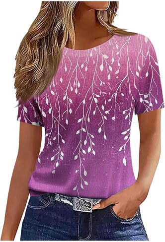 Summer Tops for Women Vintage Floral Feather Graphic Tees Short Sleeve Crewneck Tunic Blouses Dressy Shirts in Saudi Arabia