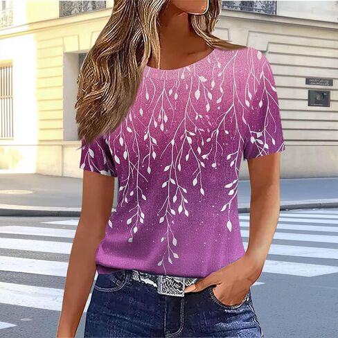 Summer Tops for Women Vintage Floral Feather Graphic Tees Short Sleeve Crewneck Tunic Blouses Dressy Shirts in Saudi Arabia