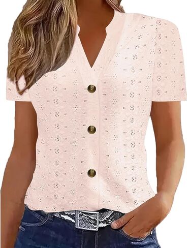 2025 Womens Tops Eyelet Embroidery Tees Summer Short Sleeve V-Neck Shirts Trendy Dressy Casual Blouses for Ladies in Saudi Arabia