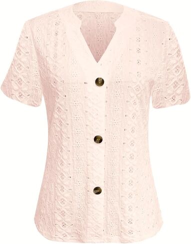 2025 Womens Tops Eyelet Embroidery Tees Summer Short Sleeve V-Neck Shirts Trendy Dressy Casual Blouses for Ladies in Saudi Arabia
