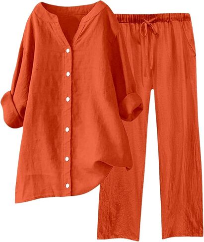 Linen Outfits Women 2 Piece Summer Casual Women Lounge Sets Long Sleeve Button Down Shirt Wide Leg Pants Streetwear in Saudi Arabia