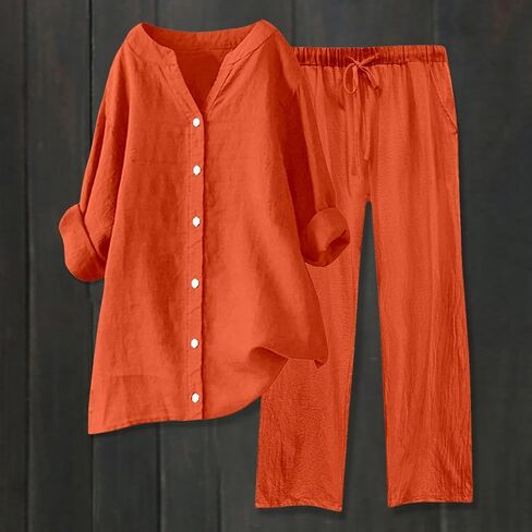 Linen Outfits Women 2 Piece Summer Casual Women Lounge Sets Long Sleeve Button Down Shirt Wide Leg Pants Streetwear in Saudi Arabia