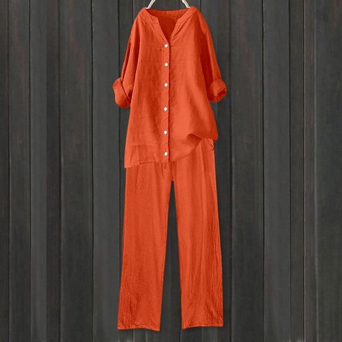 Linen Outfits Women 2 Piece Summer Casual Women Lounge Sets Long Sleeve Button Down Shirt Wide Leg Pants Streetwear in Saudi Arabia