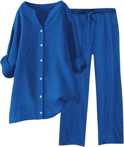 Linen Outfits Women 2 Piece Summer Casual Women Lounge Sets Long Sleeve Button Down Shirt Wide Leg Pants Streetwear in Saudi Arabia