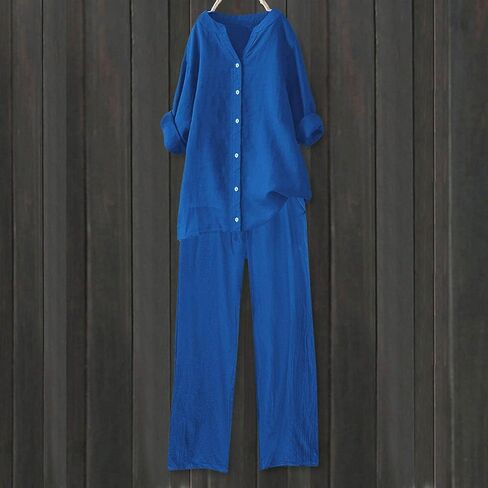 Linen Outfits Women 2 Piece Summer Casual Women Lounge Sets Long Sleeve Button Down Shirt Wide Leg Pants Streetwear in Saudi Arabia