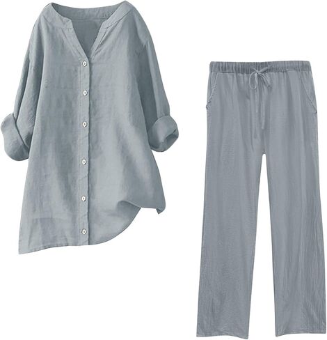 Linen Outfits Women 2 Piece Summer Casual Women Lounge Sets Long Sleeve Button Down Shirt Wide Leg Pants Streetwear in Saudi Arabia