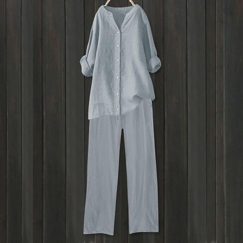 Linen Outfits Women 2 Piece Summer Casual Women Lounge Sets Long Sleeve Button Down Shirt Wide Leg Pants Streetwear in Saudi Arabia