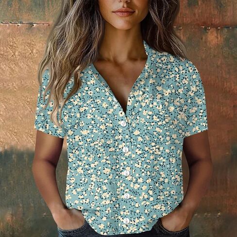 Shirts for Women Long Sleeve 2025 Boho Tees V-Neck Button Cotton Linen Blouses T Shirts Casual Loose Vintage Tops in Kuwait