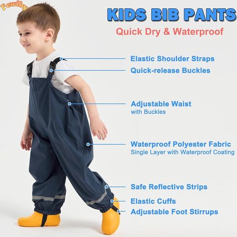 Fewlby Kids Rain Bib Pants, Toddlers Waterproof Suspender Dirty Proof Rain Wear for Boys and Girls in Saudi Arabia