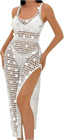 Womens Sequin Swimsuit Cover Ups Sleeveless Beach Crochet Swimwear Bathing Suit Knit Swim Dress Vacation Outfits in Kuwait