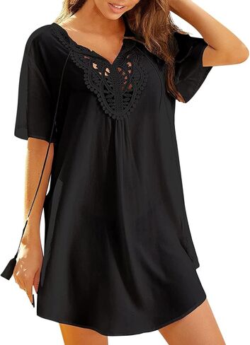 Womens Patchwork Lace V Neck Bikini Beach Swimsuit Smock Plus Size Swimsuit Cover up in Saudi Arabia