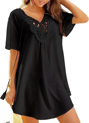 Womens Patchwork Lace V Neck Bikini Beach Swimsuit Smock Plus Size Swimsuit Cover up in Saudi Arabia
