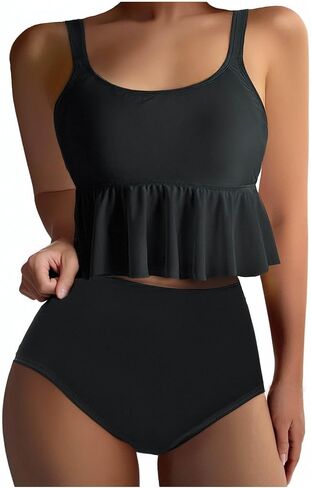 Cute Two Piece Bathing Suits Women Ruffle Hem Crop Top and High Waisted Bottom Tummy Control Swimwear Beach Bikini Set in Saudi Arabia
