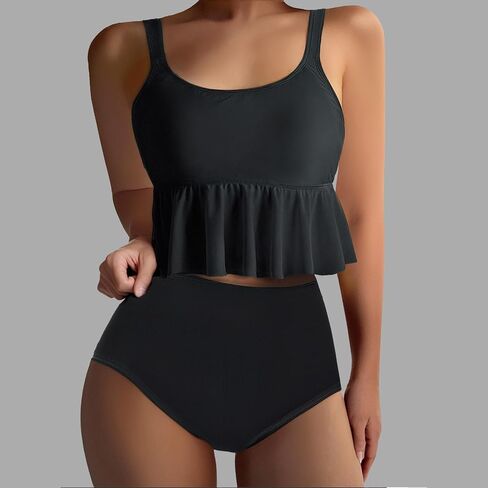Cute Two Piece Bathing Suits Women Ruffle Hem Crop Top and High Waisted Bottom Tummy Control Swimwear Beach Bikini Set in Saudi Arabia