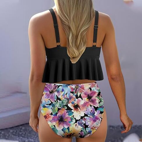 Cute Two Piece Bathing Suits Women Ruffle Hem Crop Top and High Waisted Bottom Tummy Control Swimwear Beach Bikini Set in Saudi Arabia