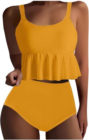 Cute Two Piece Bathing Suits Women Ruffle Hem Crop Top and High Waisted Bottom Tummy Control Swimwear Beach Bikini Set in Saudi Arabia