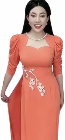 Vietnamese Traditional Ao Dai with Round Neck, Handmade Flower Applique, Ao Dai Set Includes Ao Dai and Pants in Saudi Arabia
