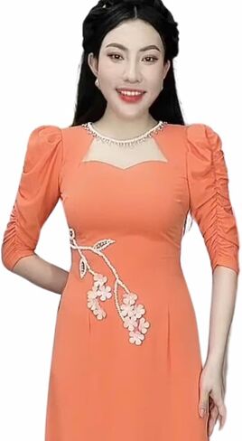 Vietnamese Traditional Ao Dai with Round Neck, Handmade Flower Applique, Ao Dai Set Includes Ao Dai and Pants in Saudi Arabia