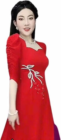 Vietnamese Traditional Ao Dai with Round Neck, Handmade Flower Applique, Ao Dai Set Includes Ao Dai and Pants in Saudi Arabia