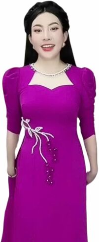 Vietnamese Traditional Ao Dai with Round Neck, Handmade Flower Applique, Ao Dai Set Includes Ao Dai and Pants in Saudi Arabia