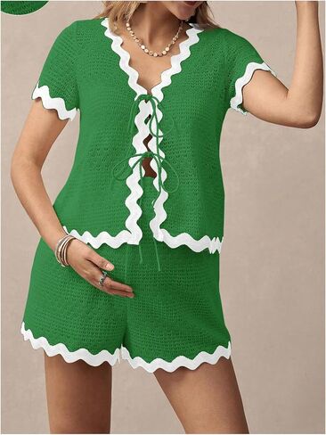 MakeMeChic Women's Maternity 2 Piece Outfits Summer V Neck Short Sleeve Tee Top and Shorts Set in Saudi Arabia