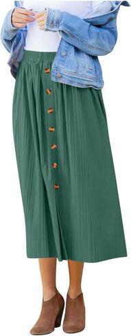 Women's Elastic High Waist Pleated A-Line Midi Skirts Dressy Casual Trendy Button Down Business Work Long Skirt in Kuwait