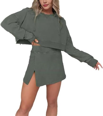 New Lounge Washed Hoodie Skirt Set,Lounge Long Sleeve Skort Set,Mini Skirt Sets Women 2 Piece Outfits in Saudi Arabia