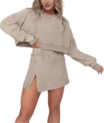 New Lounge Washed Hoodie Skirt Set,Lounge Long Sleeve Skort Set,Mini Skirt Sets Women 2 Piece Outfits in Saudi Arabia
