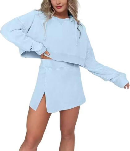 New Lounge Washed Hoodie Skirt Set,Lounge Long Sleeve Skort Set,Mini Skirt Sets Women 2 Piece Outfits in Saudi Arabia