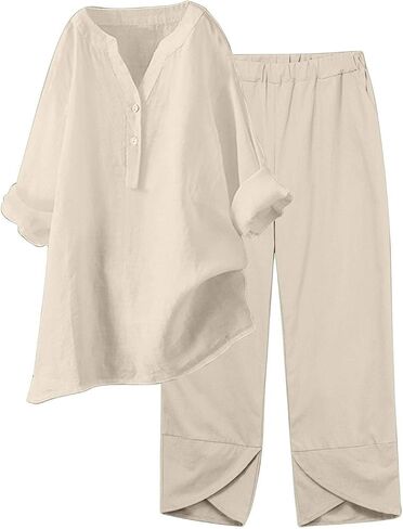 maisdgop Summer Outfits for Women Lightweight Loose 2 Piece Tracksuit Long Sleeve Button Tops with Pants Cotton Linen Sets in Saudi Arabia