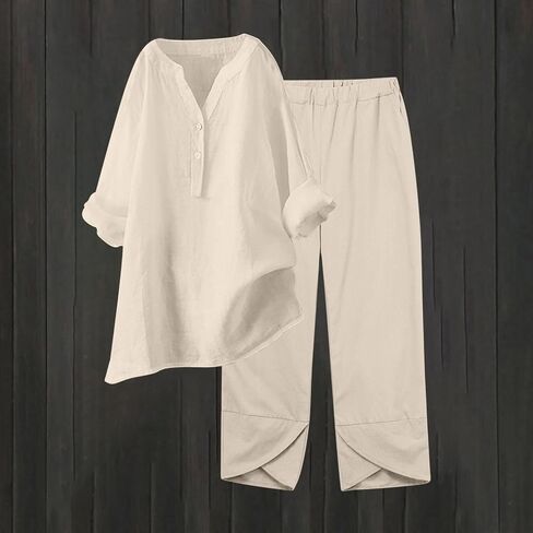 maisdgop Summer Outfits for Women Lightweight Loose 2 Piece Tracksuit Long Sleeve Button Tops with Pants Cotton Linen Sets in Saudi Arabia