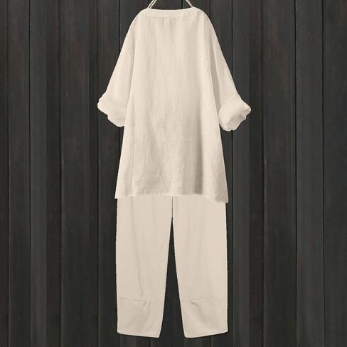 maisdgop Summer Outfits for Women Lightweight Loose 2 Piece Tracksuit Long Sleeve Button Tops with Pants Cotton Linen Sets in Saudi Arabia